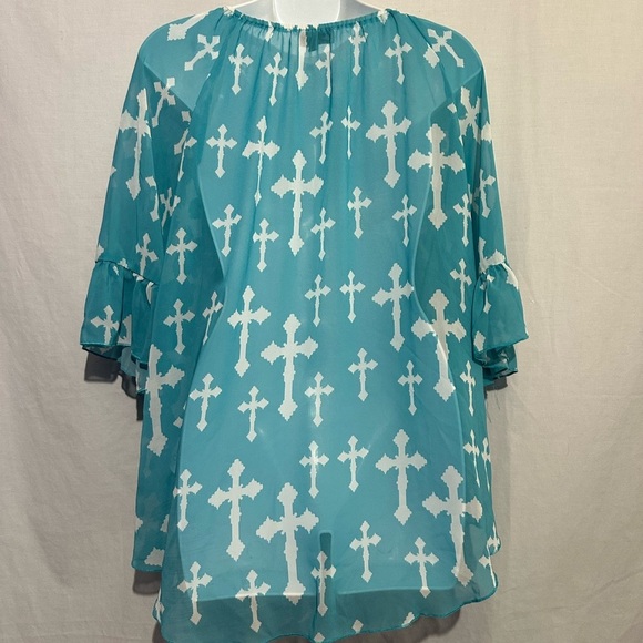 Cowgirl Hardware Flowey Teal Cross Print Top - Picture 3 of 5